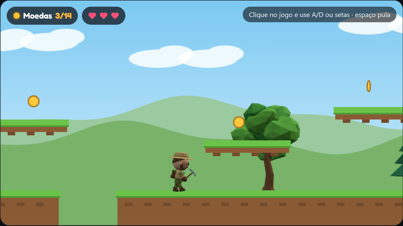 Mini jogo 2D de plataforma com os sprites do Studio Tank: explorador, raposas, árvores e baú