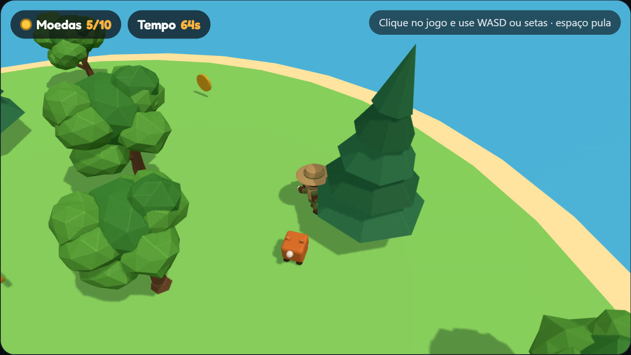 Mini jogo 3D: o explorador do Studio Tank corre numa ilha com árvores, moedas e uma raposa